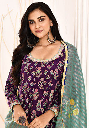 Block Printed Cotton Silk Aline Suit in Violet