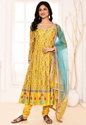 Block Printed Cotton Silk Aline Suit in Yellow