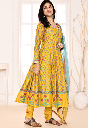 Block Printed Cotton Silk Aline Suit in Yellow