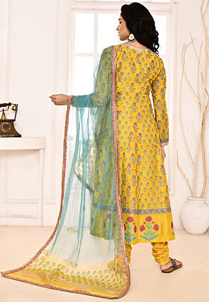Block Printed Cotton Silk Aline Suit in Yellow