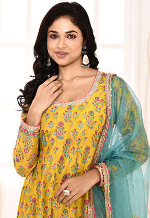 Block Printed Cotton Silk Aline Suit in Yellow