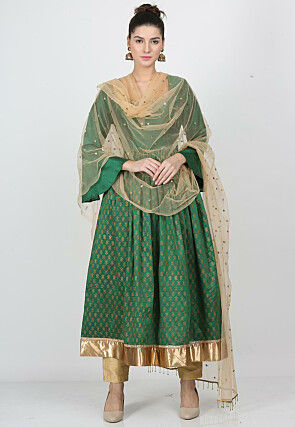Block Printed Cotton Silk Anarkali Suit in Dark Green
