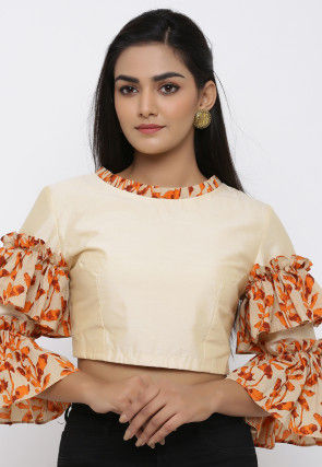 Block Printed Cotton Silk Blouse in Beige and Orange