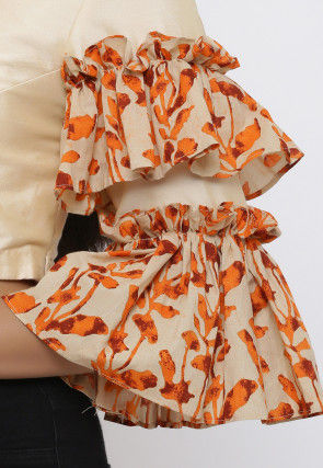 Block Printed Cotton Silk Blouse in Beige and Orange