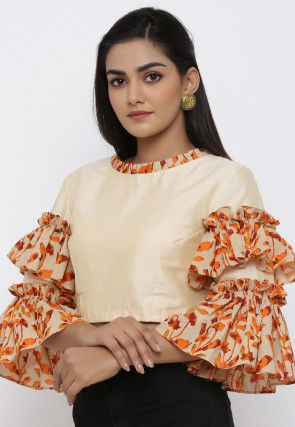 Block Printed Cotton Silk Blouse in Beige and Orange