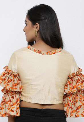 Block Printed Cotton Silk Blouse in Beige and Orange