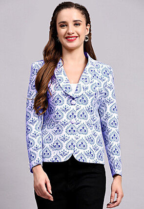 Block Printed Cotton Silk Jacket in Off White and Blue
