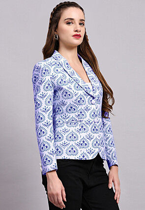 Block Printed Cotton Silk Jacket in Off White and Blue