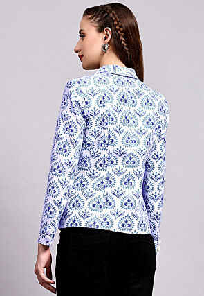 Block Printed Cotton Silk Jacket in Off White and Blue