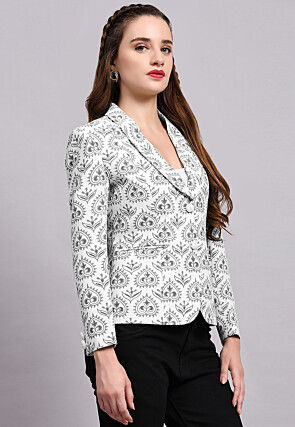 Block Printed Cotton Silk Jacket in Off White and Grey