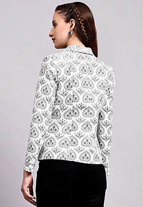 Block Printed Cotton Silk Jacket in Off White and Grey