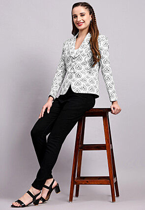 Block Printed Cotton Silk Jacket in Off White and Grey