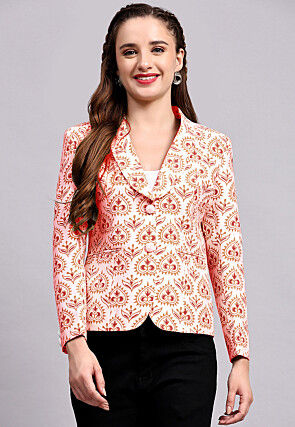 Block Printed Cotton Silk Jacket in Off White and Rust