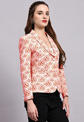 Block Printed Cotton Silk Jacket in Off White and Rust