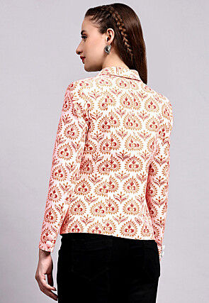 Block Printed Cotton Silk Jacket in Off White and Rust