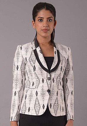 Block Printed Cotton Silk Jacket in Off White