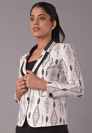 Block Printed Cotton Silk Jacket in Off White