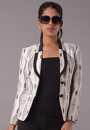 Block Printed Cotton Silk Jacket in Off White