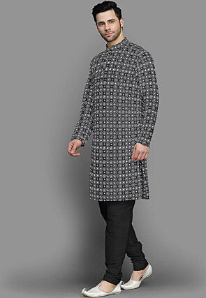 Block Printed Cotton Silk Kurta Set in Black