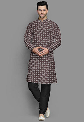 Block Printed Cotton Silk Kurta Set in Dark Brown