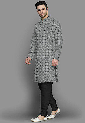 Block Printed Cotton Silk Kurta Set in Grey