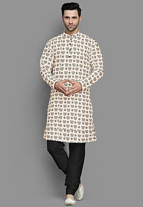 Block Printed Cotton Silk Kurta Set in Light Beige
