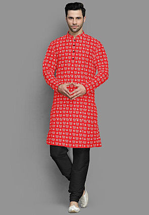 Block Printed Cotton Silk Kurta Set in Red