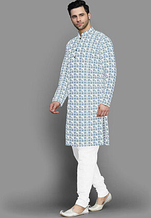 Block Printed Cotton Silk Kurta Set in White