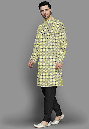 Block Printed Cotton Silk Kurta Set in Yellow