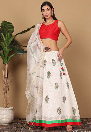 Block Printed Cotton Silk Lehenga in Off White