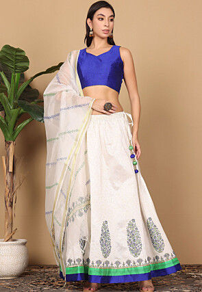 Block Printed Cotton Silk Lehenga in Off White