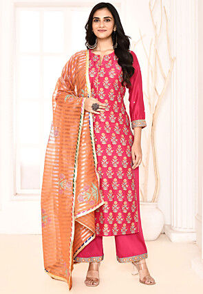 Block Printed Cotton Silk Pakistani Suit in Fuchsia