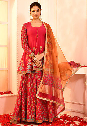 Block Printed Cotton Silk Pakistani Suit in Fuchsia