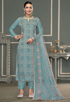 Block Printed Cotton Silk Pakistani Suit in Light Blue