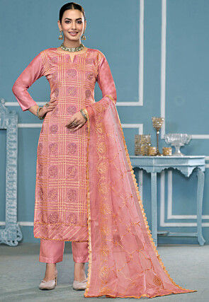 Block Printed Cotton Silk Pakistani Suit in Peach
