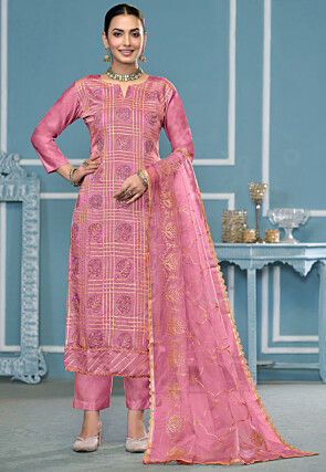 Block Printed Cotton Silk Pakistani Suit in Pink