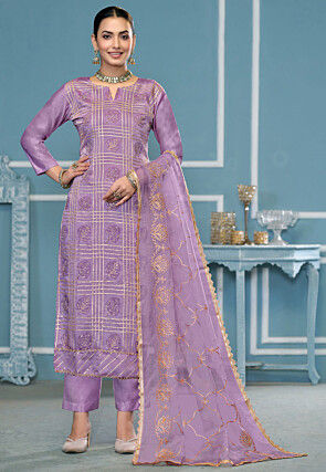 Block Printed Cotton Silk Pakistani Suit in Purple