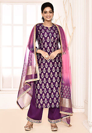 Block Printed Cotton Silk Pakistani Suit in Violet