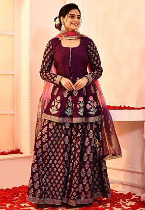 Block Printed Cotton Silk Pakistani Suit in Violet