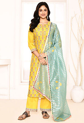 Block Printed Cotton Silk Pakistani Suit in Yellow