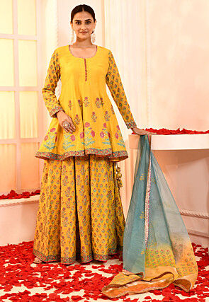 Block Printed Cotton Silk Pakistani Suit in Yellow