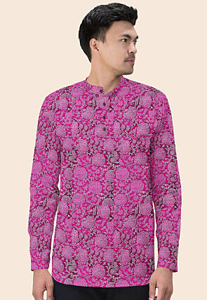 Block Printed Cotton Silk Short Kurta in Magenta