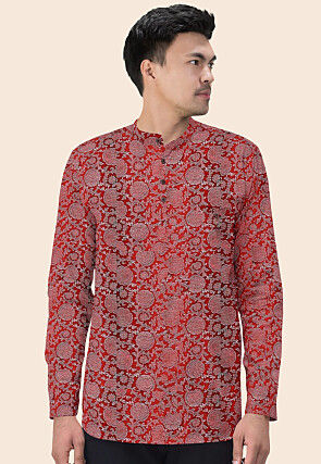 Block Printed Cotton Silk Short Kurta in Maroon