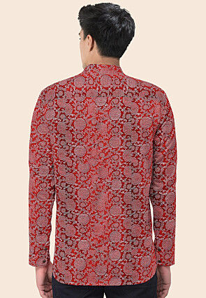 Block Printed Cotton Silk Short Kurta in Maroon