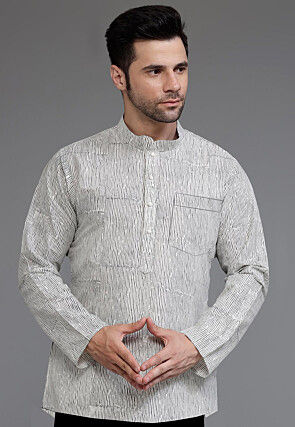 Block Printed Cotton Silk Short Kurta in Off White