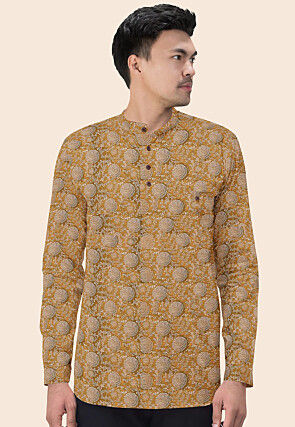 Block Printed Cotton Silk Short Kurta in Olive Green