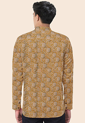 Block Printed Cotton Silk Short Kurta in Olive Green