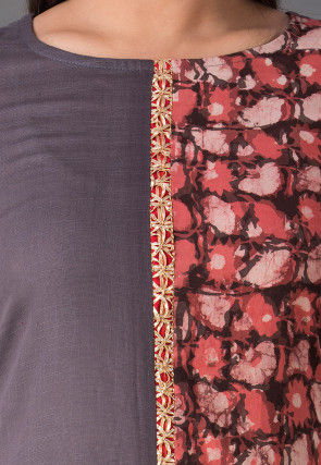 Block Printed Cotton Slub A Line Kurta in Grey and Rust