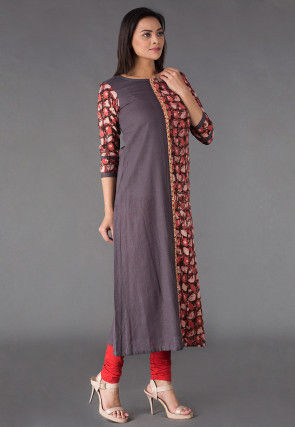 Block Printed Cotton Slub A Line Kurta in Grey and Rust