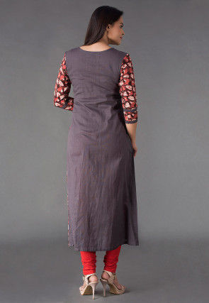 Block Printed Cotton Slub A Line Kurta in Grey and Rust